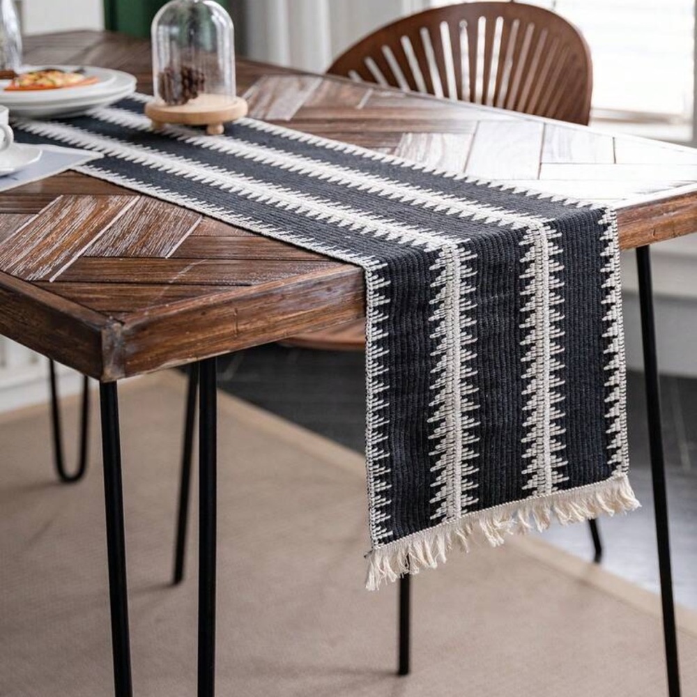 Black & White Woven Boho Table Runner Tassel Farmhouse Dining Decor, 79”